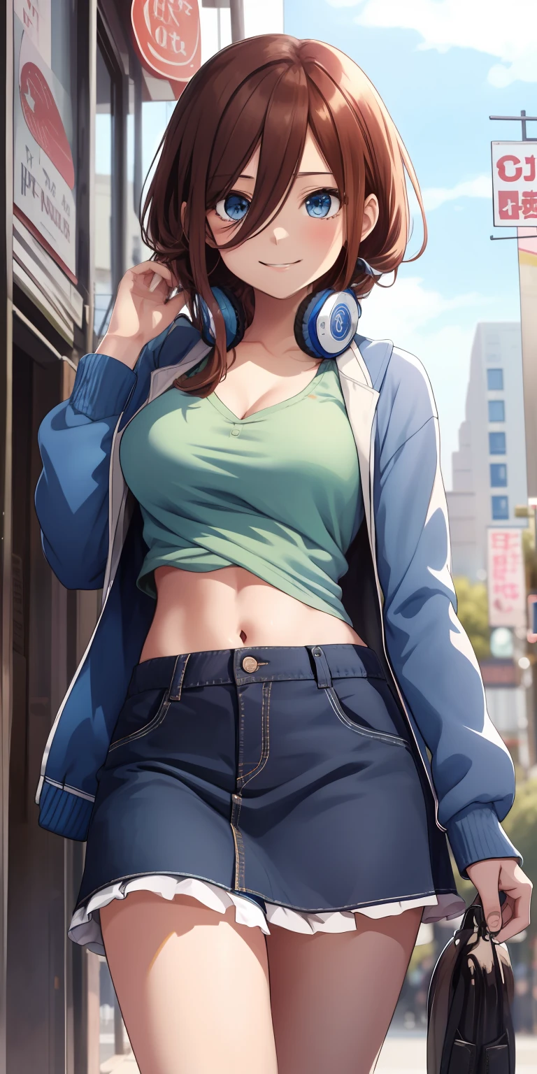 2d, masterpiece, best quality, anime, highly detailed, 1girl, solo, cowboy shot, nakano miku, brown hair, hair between eyes, blue cardigan, headphones, Crop top ,  skirt, miniskirt, medium breasts, standing, , outdoors, smile