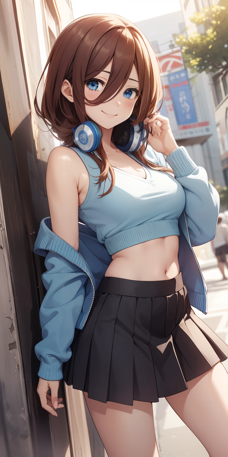 2d, masterpiece, best quality, anime, highly detailed, 1girl, solo, cowboy shot, nakano miku, brown hair, hair between eyes, blue cardigan, headphones, Crop top ,  skirt, miniskirt, medium breasts, standing, , outdoors, smile