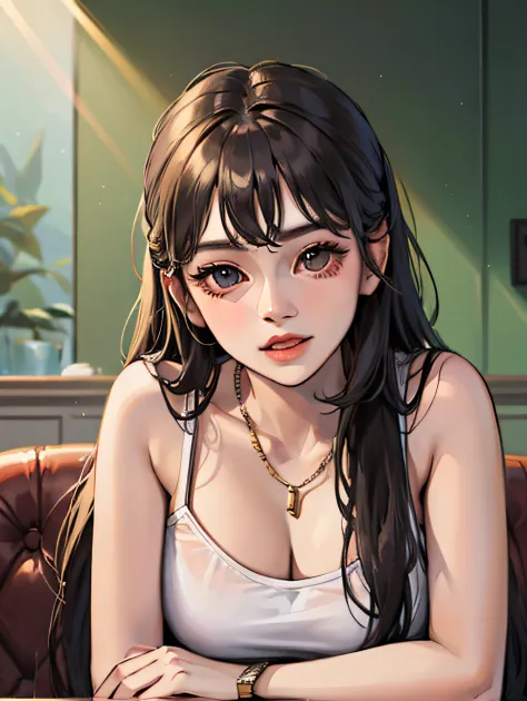 A young girl holding a glass of water with long hair, in the style of Realism: Lifelike accuracy, gongbi, I can't believe how beautiful this is, Ultra-realistic pop music, Cartoony