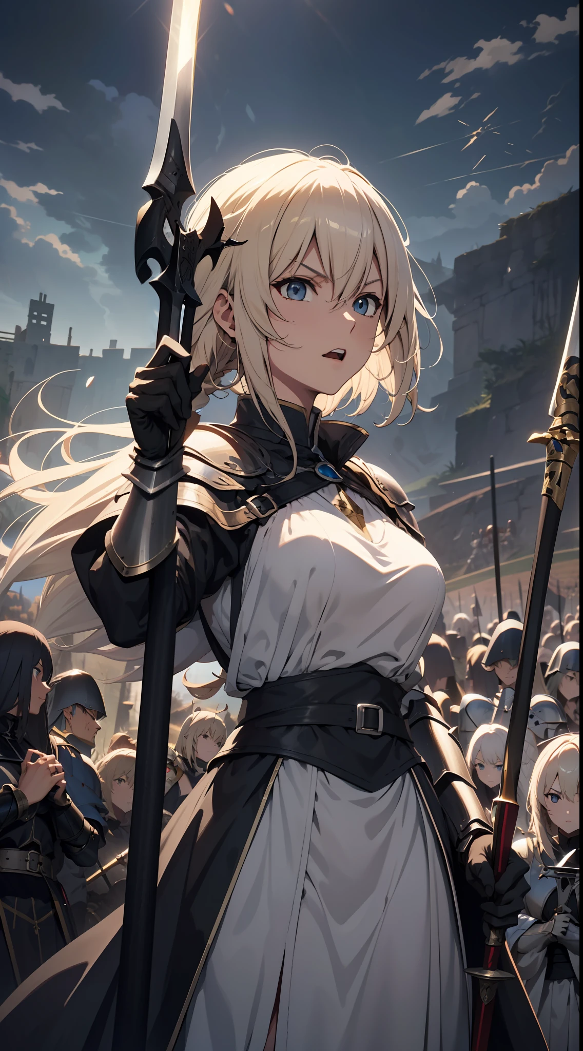 Jeanne D'arc Alter, Schicksal, Jeanne d&#39;Arc Alt hält ein schwarzes Schwert in der Hand，Erhebe dich auf dem Schlachtfeld, 8K, japanischer Anime-Stil, hohe Auflösung, perfekte Hand, Perfektes Auge, Ein Auge fürs Detail, Die detailreiche Hand, Rüstung, Hand heben, Schreiend, wütender Gesichtsausdruck, 2D Illustration , blondes Haar, Mittagssonne, stören, mittelalterliche Schlacht im Hintergrund