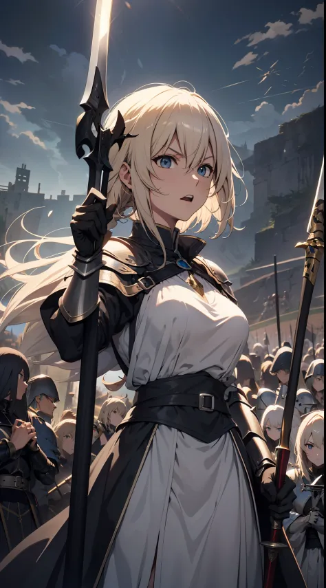 Jeanne D'arc Alter, fate, Joan of Arc Alt holds a black sword in her hand，Raise up on the battlefield, 8K, japanese anime style ...