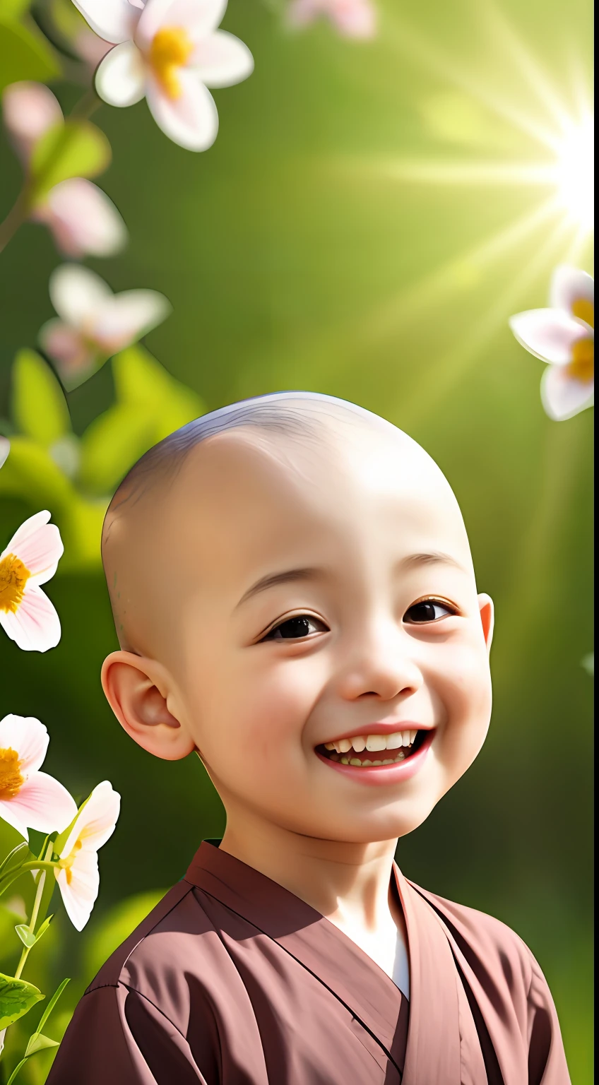 cute big breasts，1boy，little monks，bald-headed，Stand in the sun，ssmile，Leaking teeth，The is facing the screen，Enjoy a lovely spring outing surrounded by beautiful flowers and nature。The illustration is a high-definition illustration in 4K resolution，Visual features with highly detailed facial features。