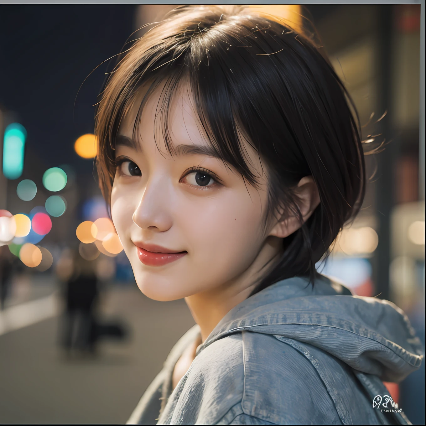 1 girl, Tokyo street, night, cityscape, city lights, upper body, close-up, smile, (8k, RAW photo, highest quality, masterpiece: 1.2), (real, photoreal: 1.37), short hair neat and clean