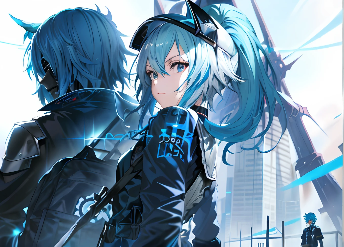 blue hairs，Anime characters wearing white shirts and black helmets, 2 d anime style, style of anime4 K, From the night of the ark, Badass anime 8 K, 2d anime, Best anime 4k konachan wallpaper, zerochan art, Digital cyberpunk anime art, trending on artstation pixiv, arknight, Epic anime style, anime cyberpunk art