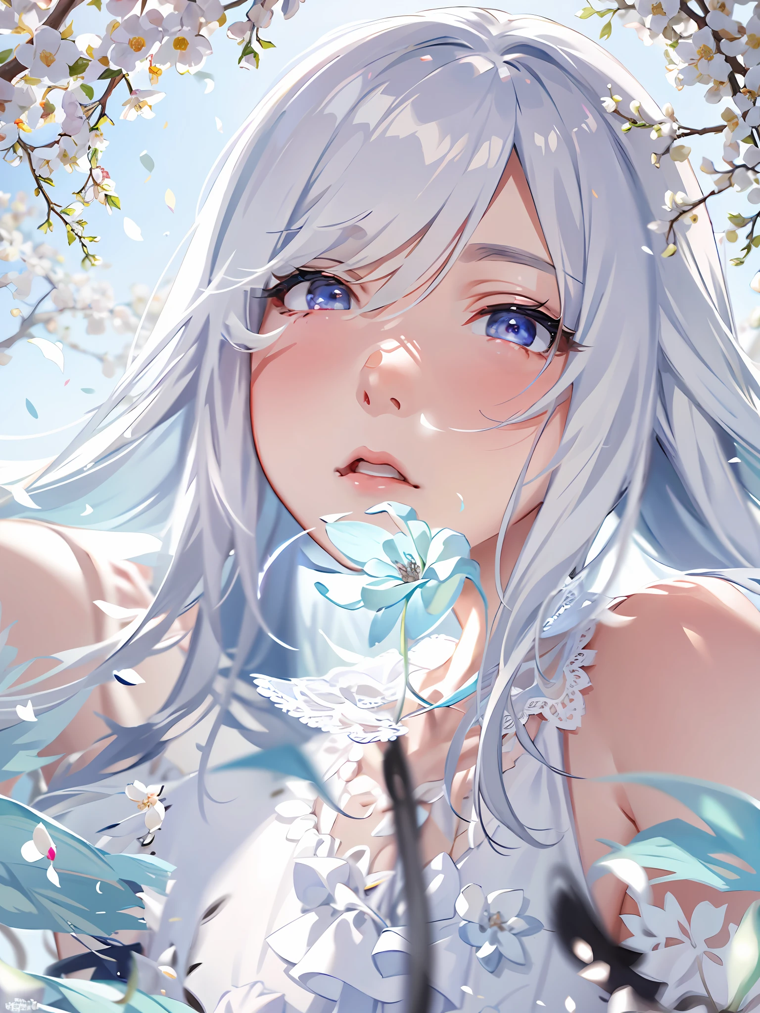 （tmasterpiece，best qualtiy：1.6），White lace dress，The upper part of the body，beuaty girl，（blossomany small white petals：1.3），trpical garden，blue-sky，looking at viewert，offcial art，RAW photogr，Incredibly Ridiculous res，face illuminated，Dynamic Lighting，cinmatic lighting，Ultra photo realsisim，A high resolution，photography of，Sharp focus，highest details，extremy detailed，ultra - detailed，finedetail，Extremely detailed eyes and face，Rose flower