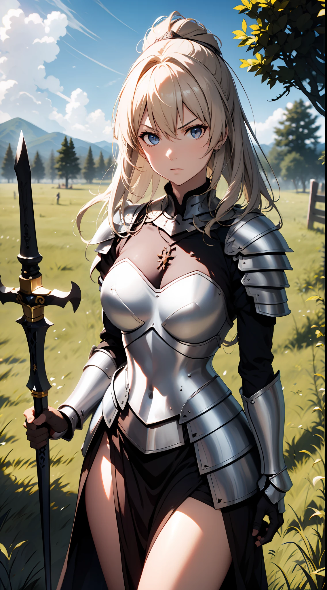 Jeanne d'Arc alter, Destin, Jeanne d&#39;Arc Alt tient une épée noire à la main，Lève-toi sur le champ de bataille, 8k, style anime japonais haute résolution, main parfaite, Oeil parfait, Un œil détaillé, La main détaillée, armure, Lever la main, en hurlant, expression de colère, Illustration 2D , cheveux blond, soleil de midi, perturber, bataille médiévale en arrière-plan