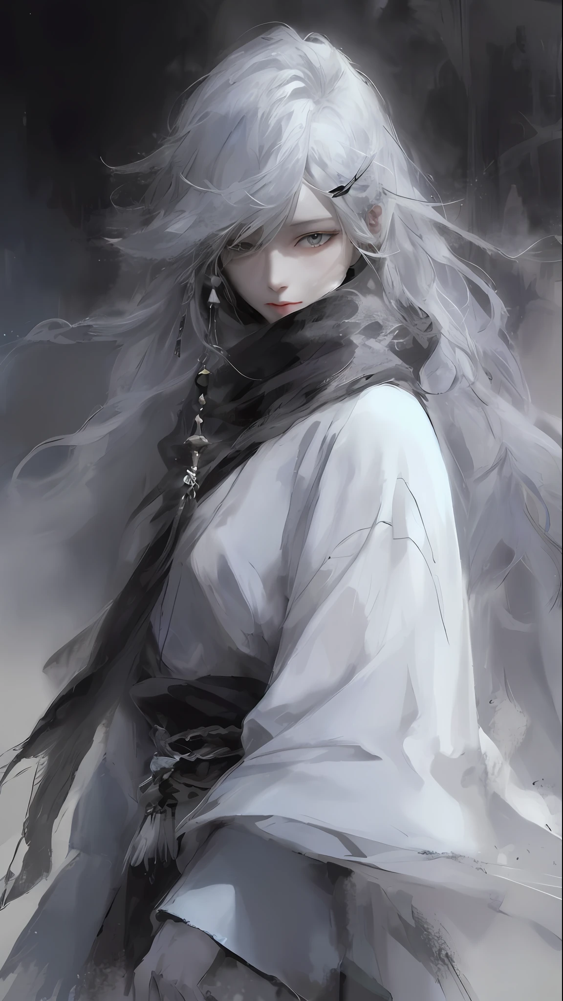 a close up of a woman with a white hair and a black scarf, a character portrait by Yang J, pixiv contest winner, fantasy art, white haired deity, beautiful character painting, artwork in the style of guweiz, the piercing stare of yuki onna, guweiz, with white long hair, with long white hair, flowing hair and long robes