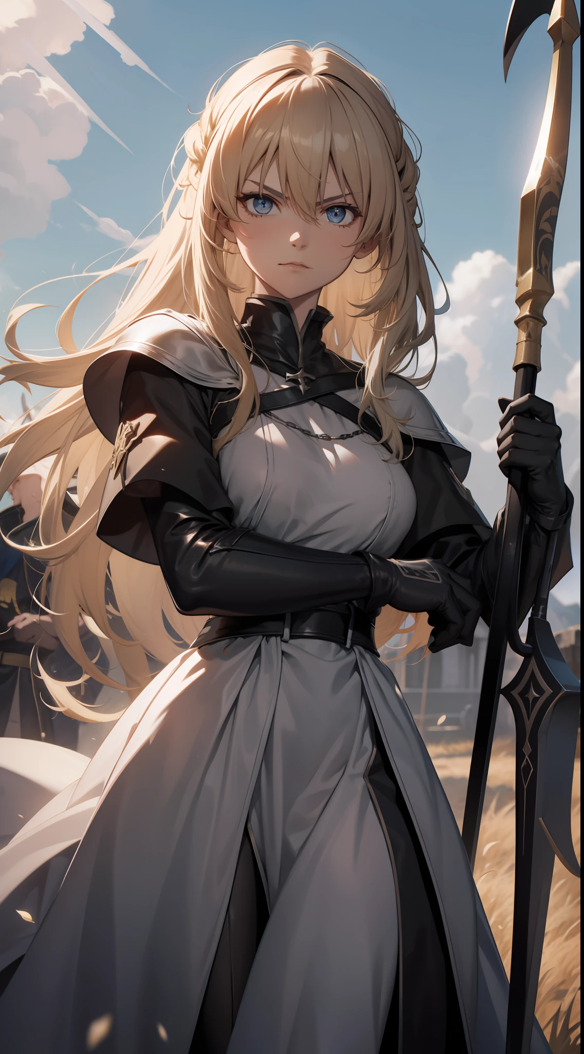 Jeanne D'arc Alter, fate, Joan of Arc Alt holds a black sword in her hand，Raise up on the battlefield, 8K, japanese anime style high resolution, Perfect hand, Perfect eye, A detailed eye, The detailed hand, Armor, Raise Hand, Screaming, Angry expression, 2D illustration , Blonde hair, midday sunlight, disrupt, medieval battle in the background