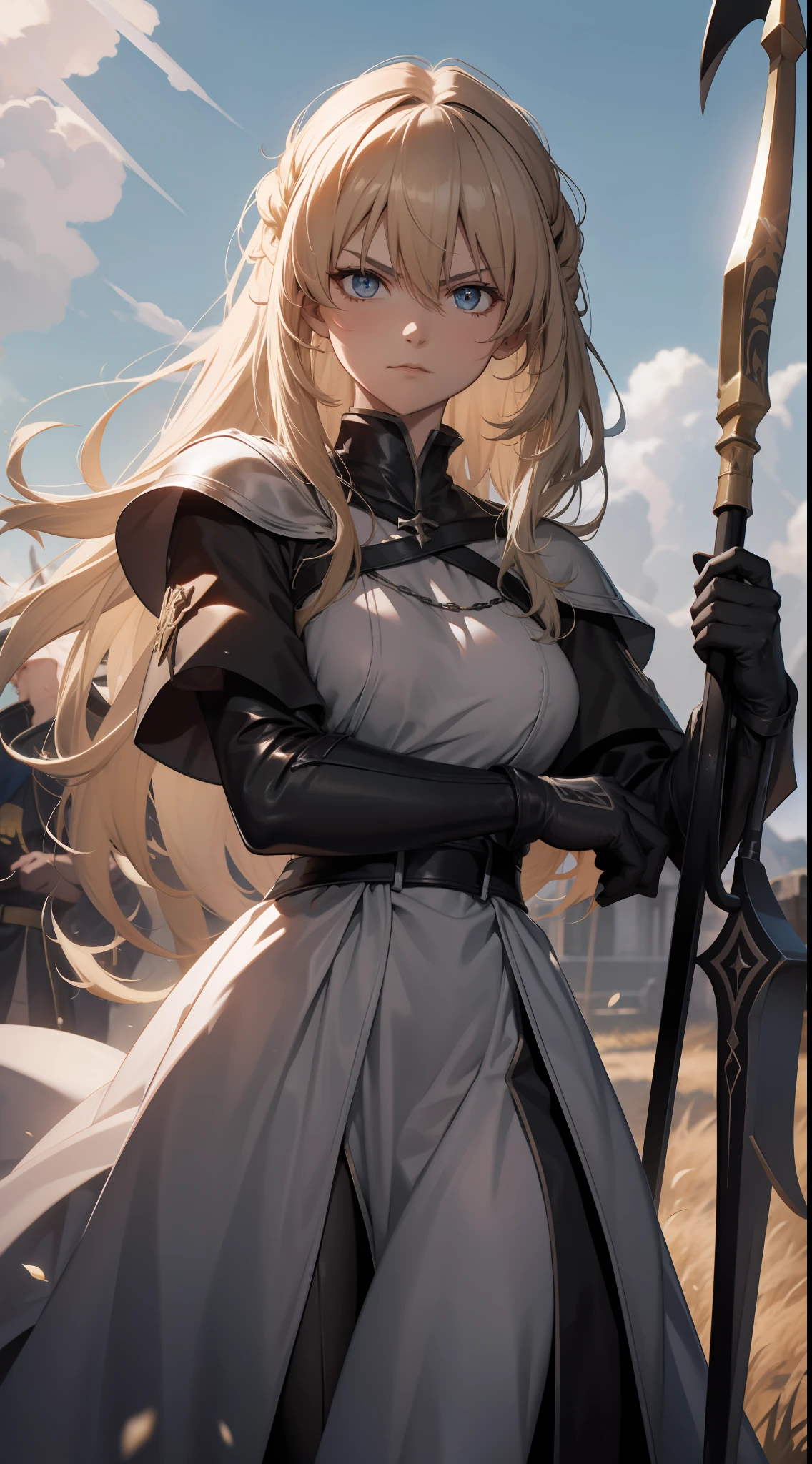 Jeanne D'arc Alter, Schicksal, Jeanne d&#39;Arc Alt hält ein schwarzes Schwert in der Hand，Erhebe dich auf dem Schlachtfeld, 8K, japanischer Anime-Stil, hohe Auflösung, perfekte Hand, perfektes Auge, Ein Auge fürs Detail, Die detailreiche Hand, Rüstung, Hand heben, schreiend, wütender Gesichtsausdruck, 2D-Abbildung , Blondes Haar, Mittagssonne, stören, mittelalterliche Schlacht im Hintergrund