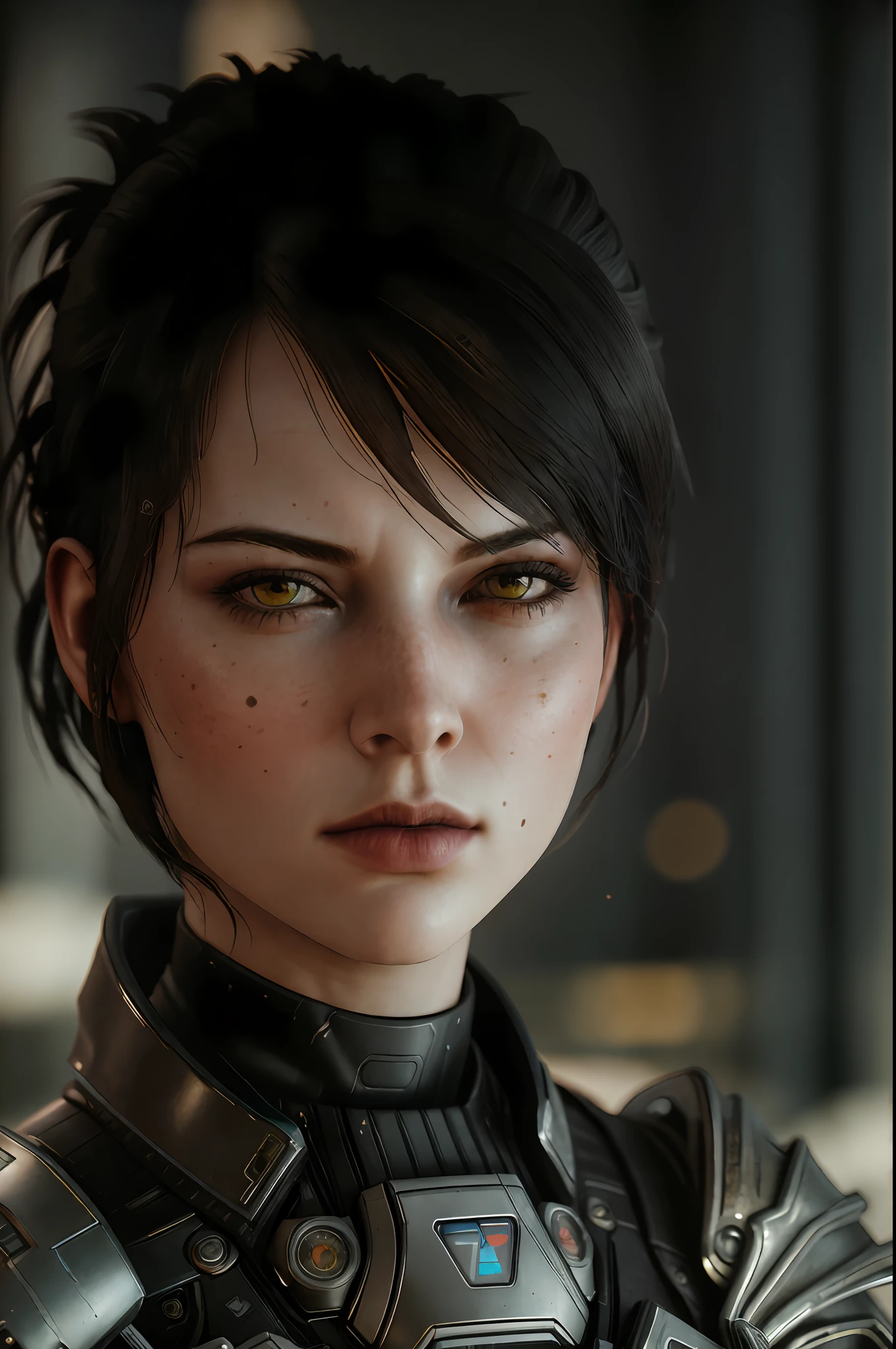 masterpiece, highest quality, RAW, analog style, A stunning portrait of a beautiful woman, mass effect, ((highly detailed skin, skin details)), sharp focus, 8k UHD, DSLR, high quality, film grain, Fujifilm XT3, frowning, intricately details, highly detailed, cluttered and detailed background