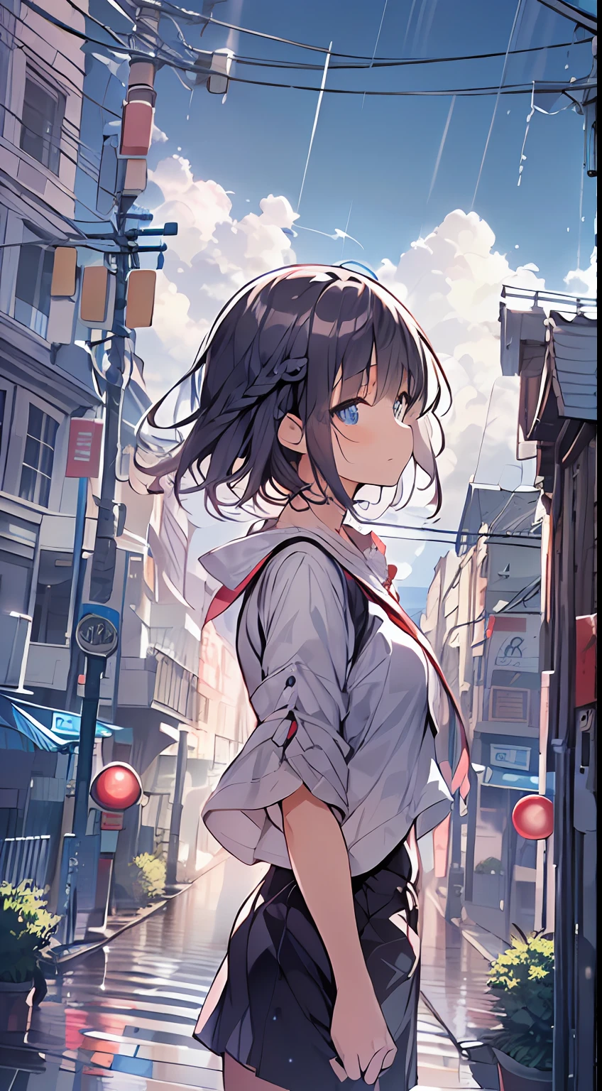 masutepiece, Best Quality,Illustration, Wallpaper, Ultra Detail, absurderes, 1girl in, Solo, (Medium short hair、short braided hair), Beautiful detailed eyes , (Street:1.3), Bright sky after rain、Hair that flutters in the wind,(a panoramic view:1.3),(Sense of depth:1.5),(longshot:1.3)