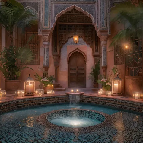 (Moon view), riad jacuzzi, (riad hotsprings), (steam), steamy hot, opalescent, Photoluminescence, fantasy, clear, Cinematic RAW ...