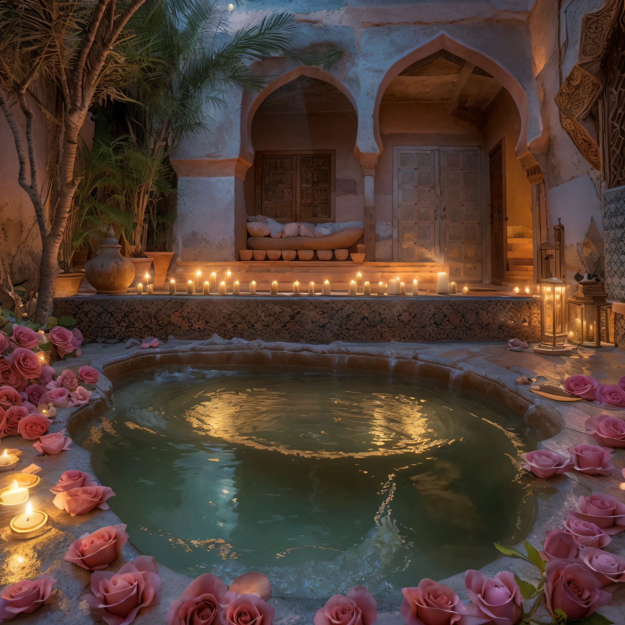 (Moon view), riad jacuzzi, (riad hotsprings), (steam), steamy hot, opalescent, Photoluminescence, fantasy, clear, Cinematic RAW photo, hyper real photo, ultrarealistic, dslr, soft lighting, high quality, reflections, photo, (sparkling) splashing, glistening, (iridescent), glimmering, dripping, misty, mystical, enchanting, glittering, (masterpiece) (best quality) (detailed) (8k) (HDR) (cinematic lighting) (sharp focus) (intricate), bioluminescent, epic and stunning, celestial, candles, romantic, (Ouarzazate), ((Marrakech)), flowing, glistening, melting, shimmering, (masterpiece) (best quality) (detailed) (8k) (HDR) (wallpaper) (cinematic lighting) (sharp focus) (intricate), exotic lights, Moroccan candles, Ouzoud waterfalls, palm trees, floating flowers, Fujifilm XT3, photographed on a Kodak Retina II Sanyo Xacti VPC-CA6, 50mm lens, HDR, hyper-realistic, colorgraded, pink roses