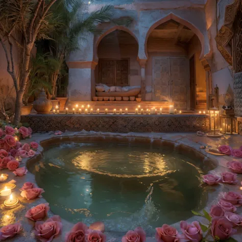 (Moon view), riad jacuzzi, (riad hotsprings), (steam), steamy hot, opalescent, Photoluminescence, fantasy, clear, Cinematic RAW ...