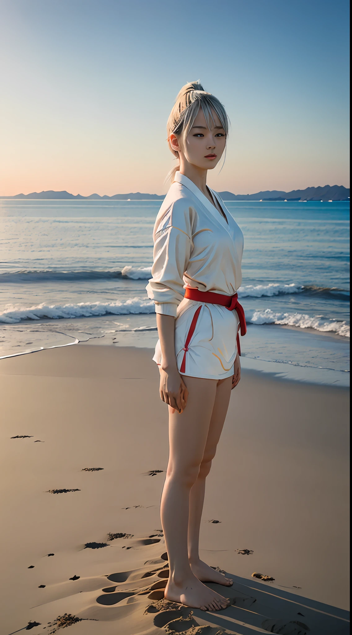 beautiful girls are playing karate,18yo, on the beach, silver hair, split ponytail, Conceptual art, best photo shot, glowing light, realistic, UHD, textured skin, masterpiece, anatomically correct, best quality, 8k, full body,