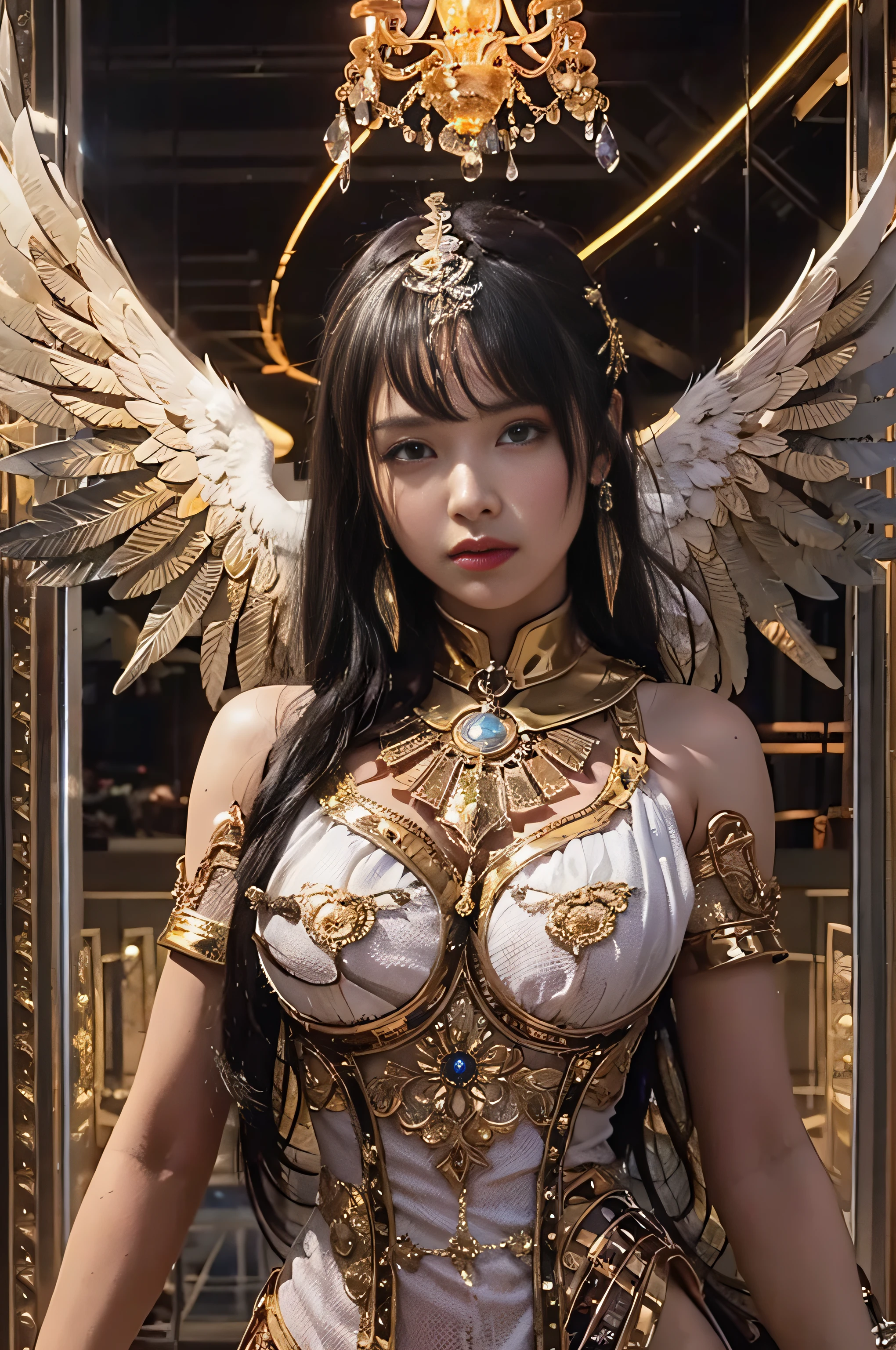 {Stunning female Egyptian angel}, Luminous Studio graphics engine, goth Renaissance, long black hair with golden stripes,、Ether Gold Iris, skin tanned, gold, Ray tracing, Full lips, {Defined eyebrows}, crystalline, Glitter, Detailed background of the desert, White uniform, Sharp Focus,no-bra、Watch straight viewers、Perfect and accurate anatomy, perfectly proportions、Pretty curvaceous、爆乳、Tight waist、big butts、Trained thighs、Extremely detailed illustration, Approaching perfection, Dynamic, Intricate details, Ultra high definition, 8K resolution, Glamour, glimmer, Ethereal, {art by:ayami kojima}, {Fine Art:Heisei}, art  stations, Aesthetic, Gothic, Lace, Concept art, Unevenness of the skin、((Walk facing the front:1.5))、Cowboy Shot、 Dreamy, Back lighting, Shine a light on your face、Fantastical, shadowy,