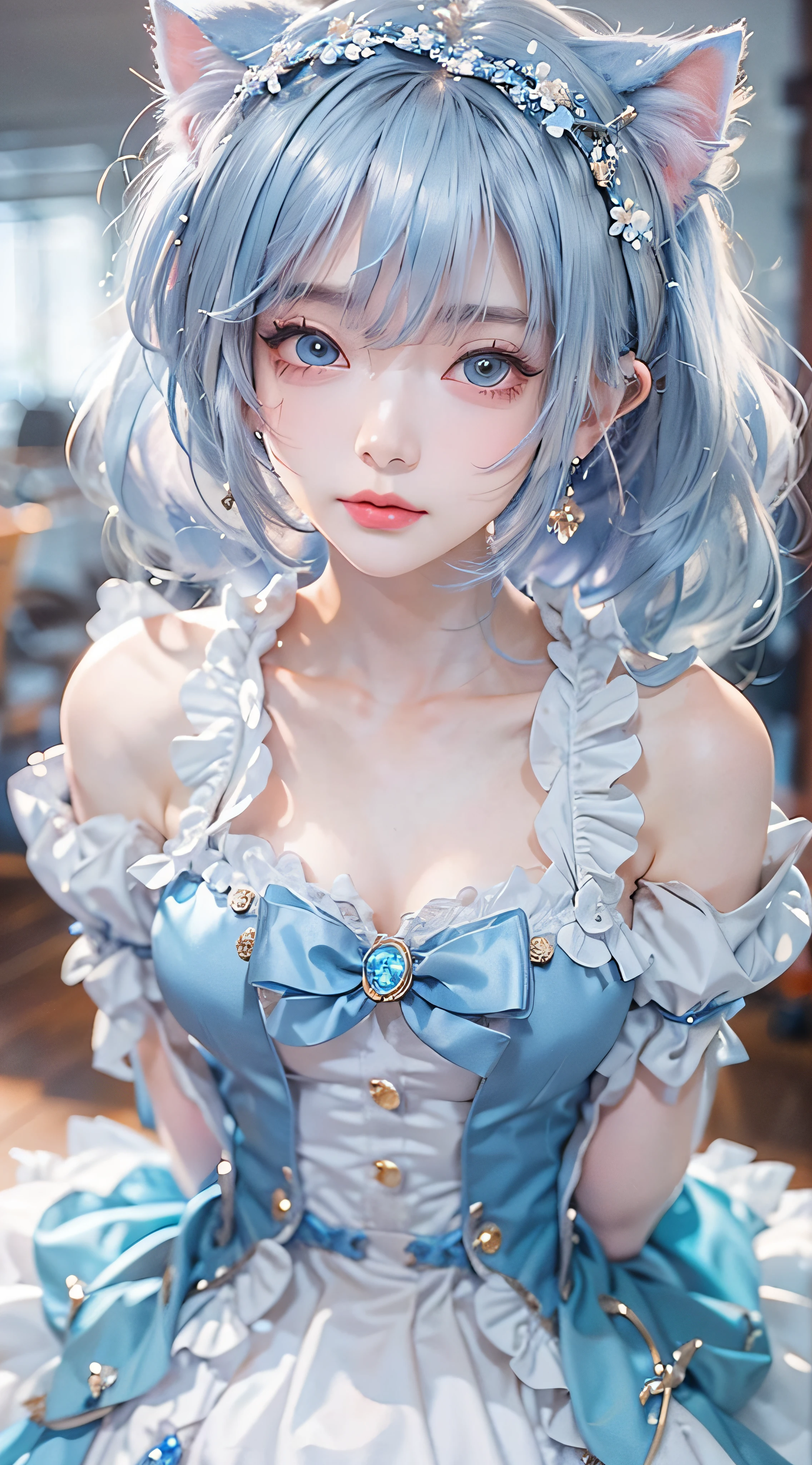 There is a woman in a blue and white dress posing for a photo, cosplay of a catboy! maid! dress, Anime girl cosplay, cute anime waifu in a nice dress, small curvaceous loli,  in dress, Anime cosplay, , cosplay foto, azur lane style, portrait of magical lolita girl, Blue-white hair，mediuml breasts，beauitful face