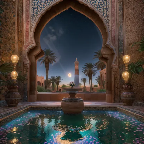 Moon view, riad jacuzzi, steam, opalescent, Photoluminescence, fantasy, clear, Cinematic RAW photo, hyper real photo, ultrareali...