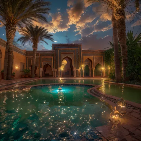 Moon view, riad jacuzzi, steam, opalescent, Photoluminescence, fantasy, clear, Cinematic RAW photo, hyper real photo, ultrareali...