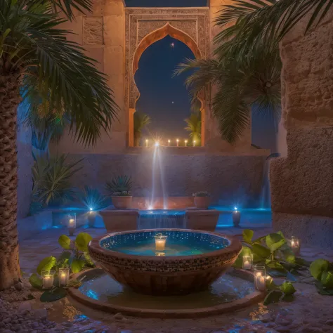 Moon view, riad jacuzzi, steam, opalescent, Photoluminescence, fantasy, clear, Cinematic RAW photo, hyper real photo, ultrareali...