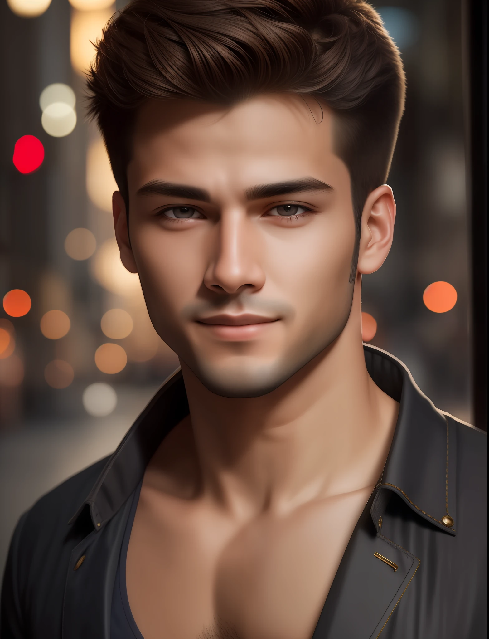 masterpiece, best quality, ultra high resolution, realistic, photorealistic,Young man,Handsome face, Close up photography, Face detailed, skin texture, evening,natural lighting,looking at viewer,outdoor,body,smile,round face, detailed face, short hair,details eyes,Shanghai city street,Night Scape,