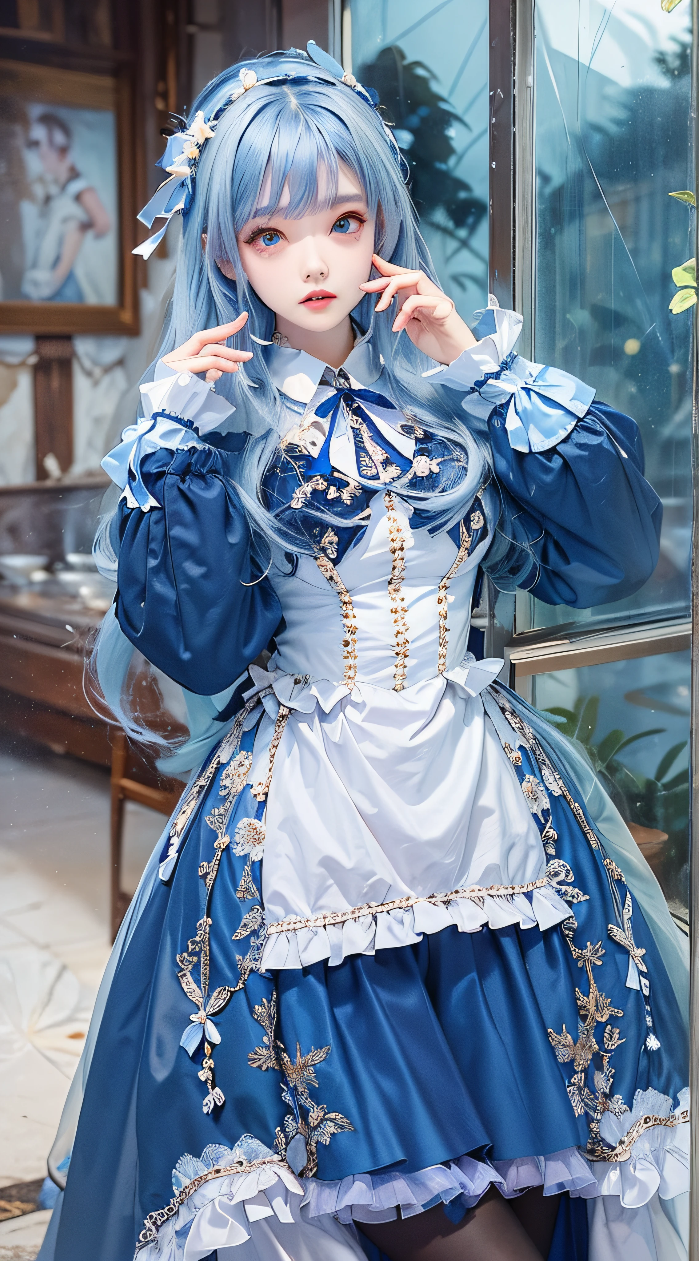 The appearance is very attractive, Wear a pair of sapphire pantyhose，Wearing a sapphire blue and white Lolita dress，Fair and delicate skin，The eyes are a pair of clear and bright sapphire blues，The hair is sapphire blue，waist-high，The whole person exudes a fresh and lovely atmosphere，16 yaers old，Extremely realistic