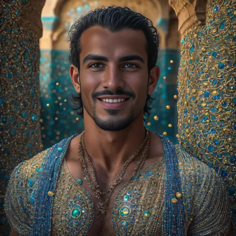 (Portrait of Moroccan guy), muscles, dimples, sexy, alluring, gorgeous eyes, smiling, opalescent, Photoluminescence, fantasy, cl...