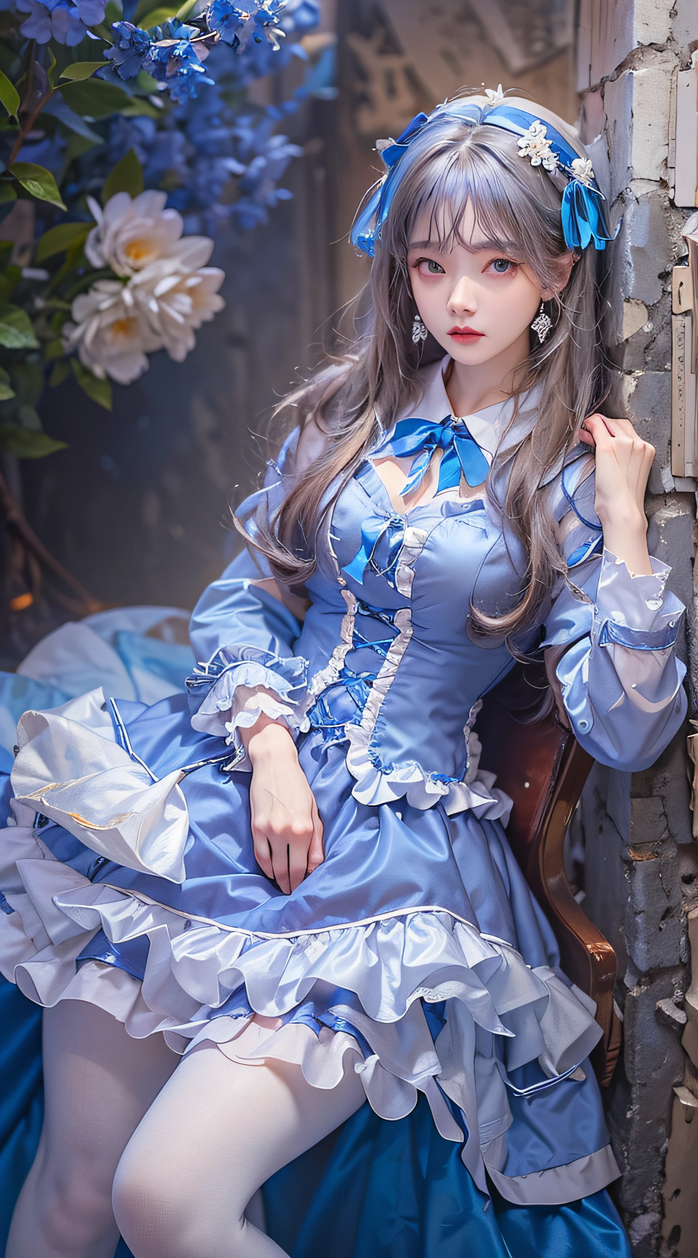 The appearance is very attractive, Wear a pair of sapphire pantyhose，Wearing a sapphire blue and white Lolita dress，Fair and delicate skin，The eyes are a pair of clear and bright sapphire blues，The hair is sapphire blue，waist-high，The whole person exudes a fresh and lovely atmosphere，16 yaers old，Extremely realistic