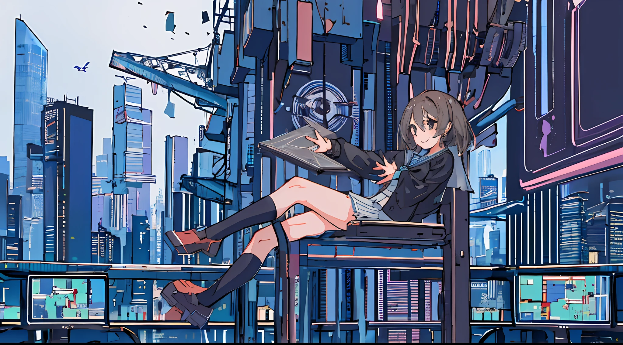 masterpiece, best quality, 1girl, solo, smile, school uniform, computer, cyberpunk, cityscape, skyscraper