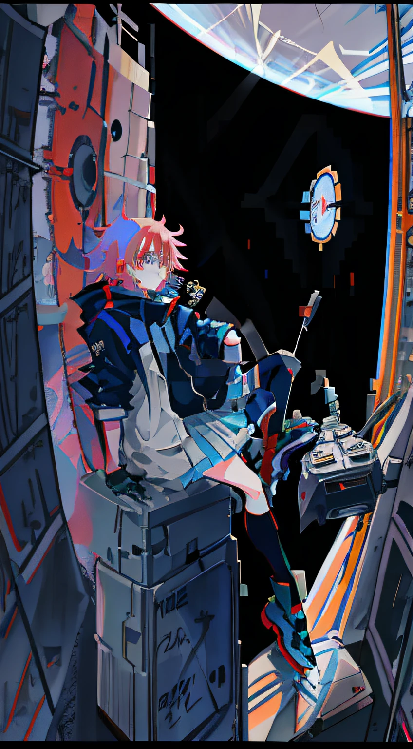 Anime girl sitting on space station with gun, cyber space cowboy, FLCL, :14 flcl + Akira, anime mecha aesthetic, gainax anime style, :14 flcl + jet grind radio, The world ends because of you, screenshot from the anime film, Kantai collection style, Neon Genesis Evangelion style, from evangelion