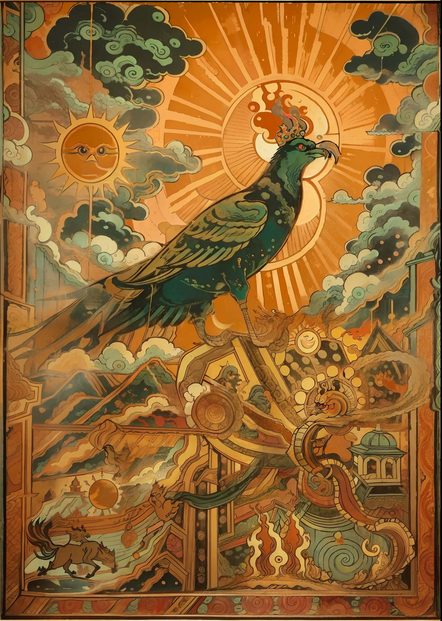 太陽神鳥を描いたもの（三本足の金色のカラス）壁画の数, 眩しい日差しを背景に，3本の足を見せる巨大な神鳥，空へ舞い上がる，体は炎に囲まれています，背景には太陽に照らされた縁起の良い雲が見えます， 風化した壁にフレスコ画が展示されている,過去の変遷