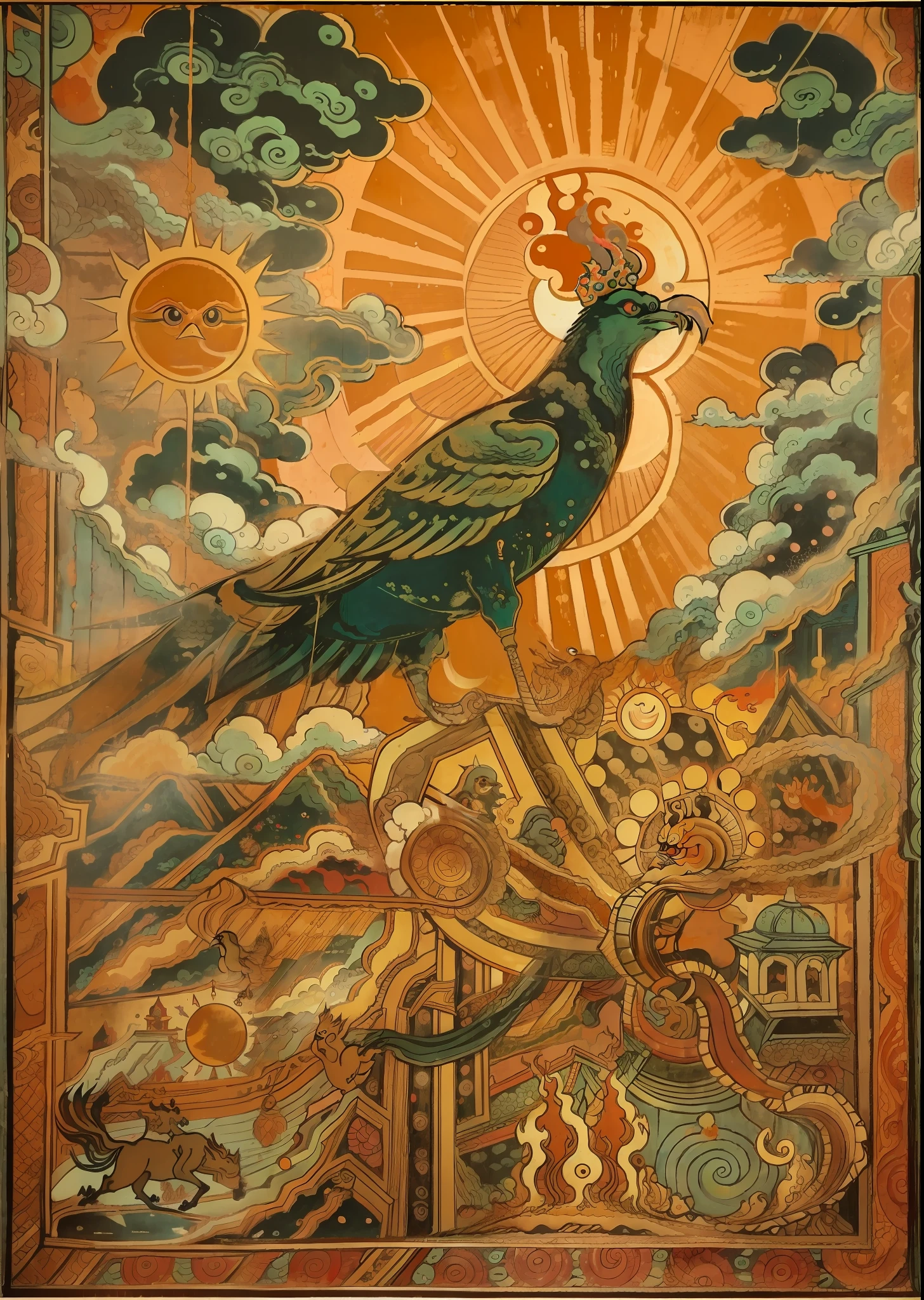 Depicting the sun god bird（Three-legged golden crow）Quantity of murals, Against the background of brilliant sunlight，A giant sacred bird displaying three paws，Soaring into the sky，The body is surrounded by flames，In the background are auspicious clouds illuminated by the sun， The frescoes are displayed on weathered walls,Vicissitudes of the past