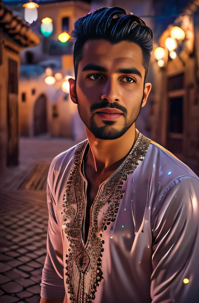 (Portrait of Moroccan guy), muscles, dimples, sexy, alluring, gorgeous eyes, smiling, opalescent, Photoluminescence, fantasy, clear, Cinematic RAW photo, hyper real photo, ultrarealistic, dslr, soft lighting, high quality, reflections, photo, (sparkling) splashing rainbows, glistening, (iridescent), glimmering, sweaty body, dripping, misty, mystical, enchanting, glittering, (masterpiece) (best quality) (detailed) (8k) (HDR) (cinematic lighting) (sharp focus) (intricate), bioluminescent, celestial, candles, romantic, (veins), ((Ouarzazate)), (chefchaouen), 1 man, (((clear straight even bright eyes))), (((man has short hair))), flowing, glistening, kaftan, riad fountain, glimmering, sweating, melting, shimmering, bulge, (masterpiece) (best quality) (detailed) (8k) (HDR) (wallpaper) (cinematic lighting) (sharp focus) (intricate), exotic lights, Moroccan candles, sunrays, (riad pool), Ouzoud waterfalls, sand, palm trees, opalescent, roses, Fujifilm XT3, photographed on a Kodak Retina II Sanyo Xacti VPC-CA6, 50mm lens, HDR, hyper-realistic, colorgraded