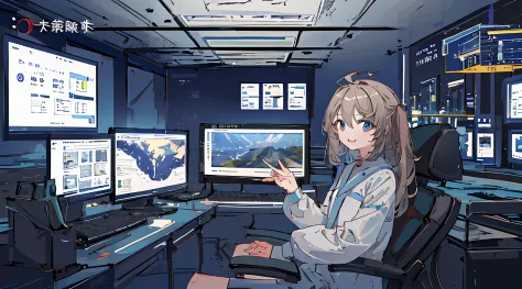 ​masterpiece, top-quality, 1girl in, 独奏, a smile, suits, computers, skyscraper、Computer Room