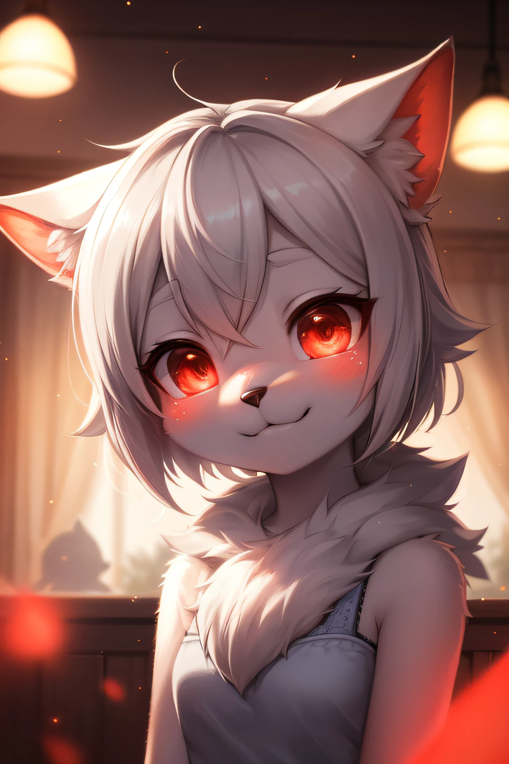 furry, white fur, ultra cute face, red elements on fur, beautiful lights and shadows, ambient light, ultra detailed fur, volumetric light