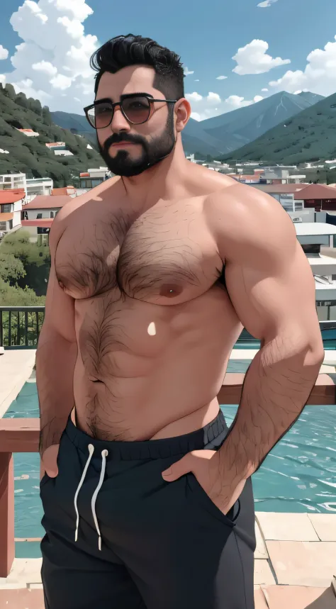 barbado, Shirtless man standing in front of a mountain with falls, Super buff y cool, pecho peludo y cuerpo peludo, pecho peludo, Pelo en el pecho, 40-year-old man :: atletic, pecho peludo desnudo, vello escaso en el pecho, cuerpos peludos, torso peludo pa...