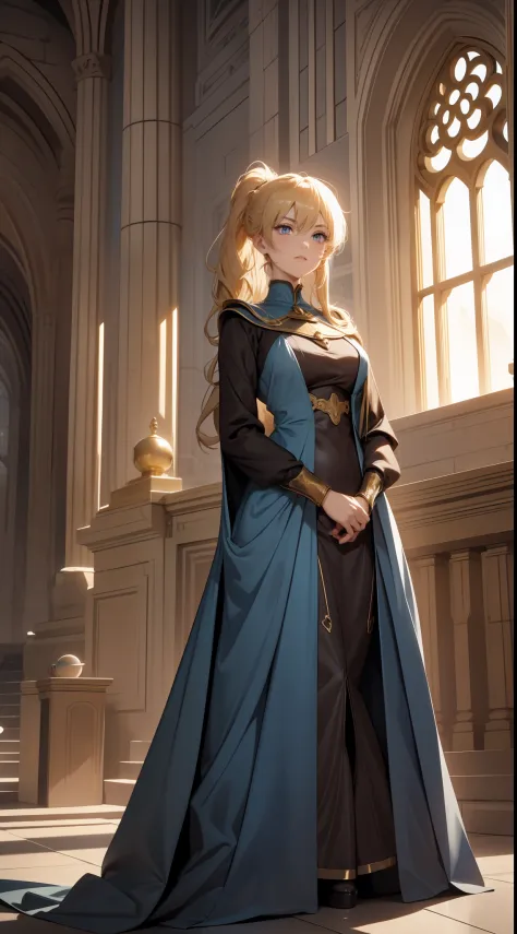 Elegant anime female characters, golden ponytail, extremely attractive eyes, medieval knight and aristocratic costumes, daytime,...