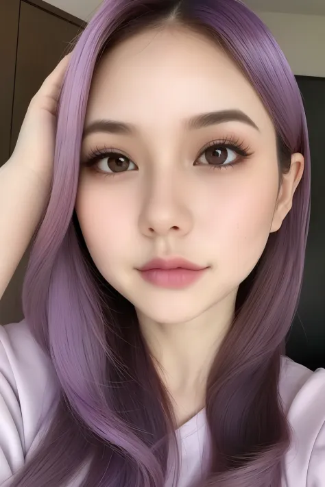 best quality, masterpiece,  (realistic:1.2), 1 girl, pastel purple hair, brown eyes,Front, detailed face, beautiful eyes