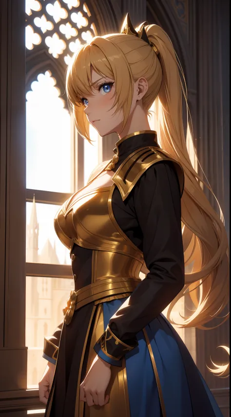 Elegant anime female characters, golden ponytail, extremely attractive eyes, medieval knight and aristocratic costumes, daytime,...