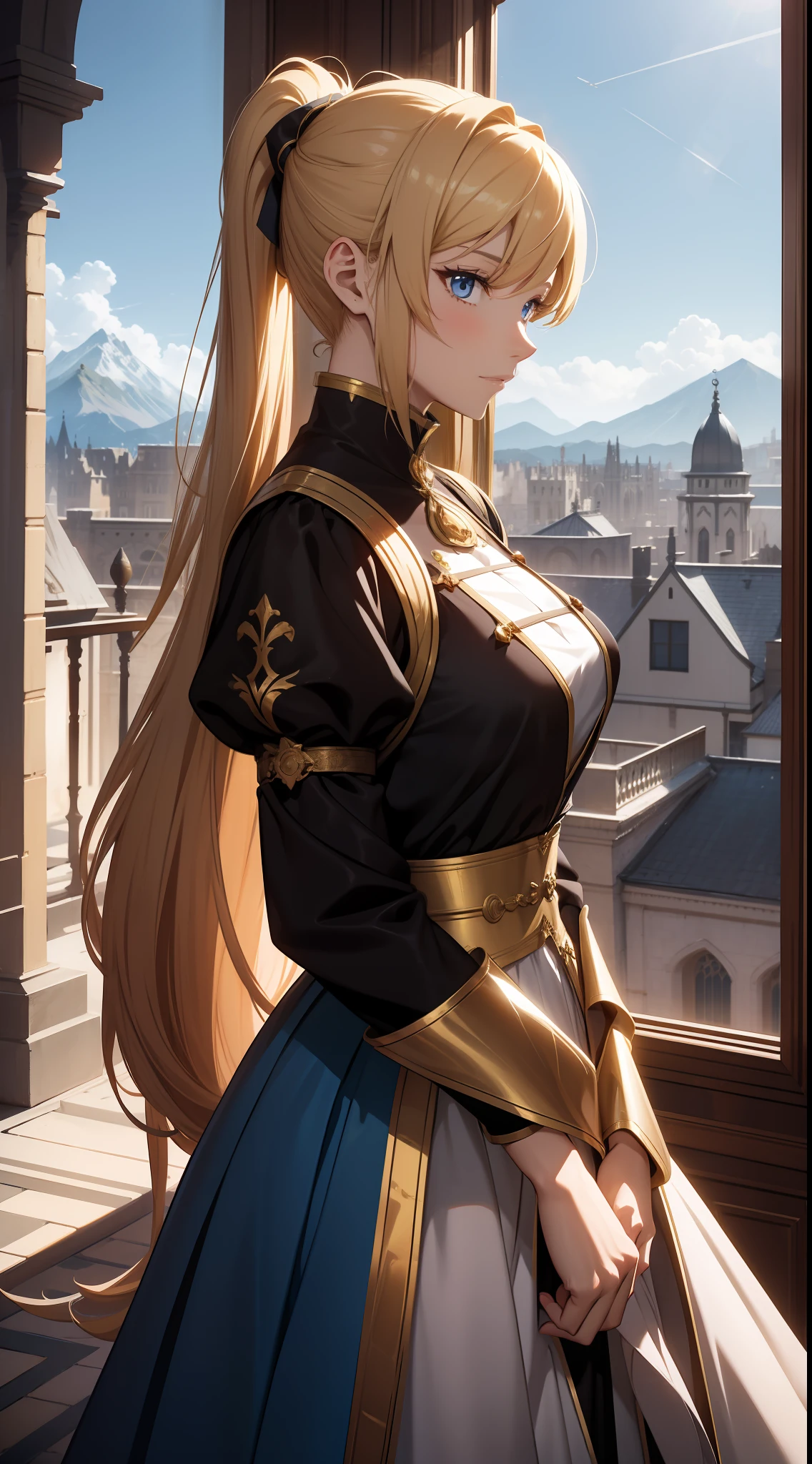 Personagens femininas elegantes de anime, Rabo de cavalo dourado, olhos extremamente atraentes, cavaleiro medieval e trajes aristocráticos, dia, blue céu, céu, catedral, olhando para o público, atrás das janelas do chão ao teto, cercado por montanhas do lado de fora da janela, efeitos de iluminação de filme, Retrato de grande abertura, pose dinâmica, proporção áurea, detalhes ricos