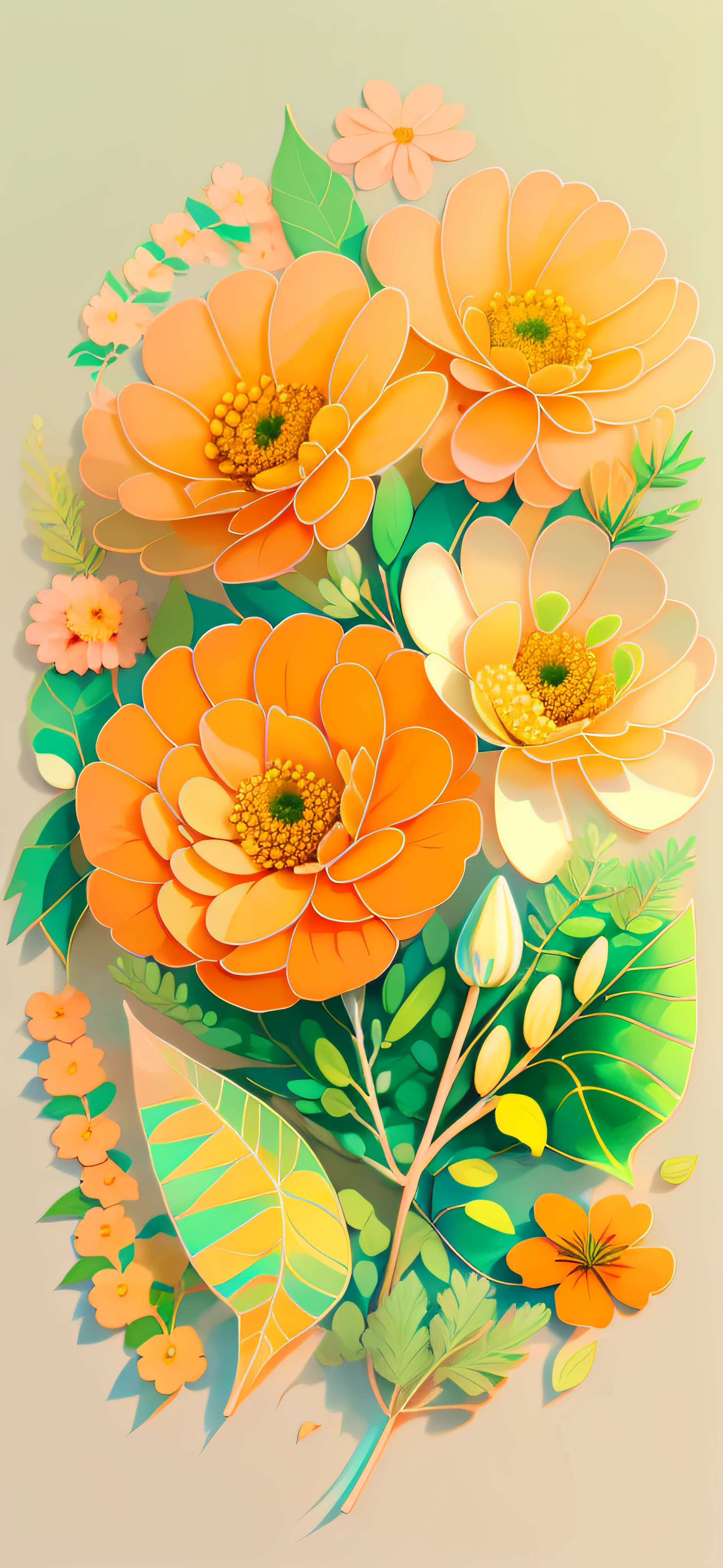 orange Ringelblume, Zarter pastellfarbener Hintergrund mit geädertem Blattornament, dünne dunkle Linien, dunkle Adern in den Blättern, transparente Blütenblätter, warmes Farbschema, elegantes florales Ornament, zarte Botanik, kleine Blumen, Dillblütenstände, flaches Bild, Pastell helle Farben, ruhige Beigetöne, diffuses Licht, freudige Stimmung, Illustrator-Stil, 2d, 4K