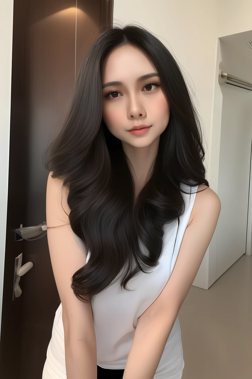 best quality, masterpiece,  (realistic:1.2), 1 girl, black long hair, black hair, very long hair, brown eyes, Front, wearing underwear, bra amd panties, bra exposed, bra seen, detailed face, beautiful eyes, malay, malaysian, detailed skin, skin texture, smile, shoulder exposed, dark background, high resolution, detailed hair, ((intan Najuwa)), flat chest, small brest, small chest, small , dark skin,