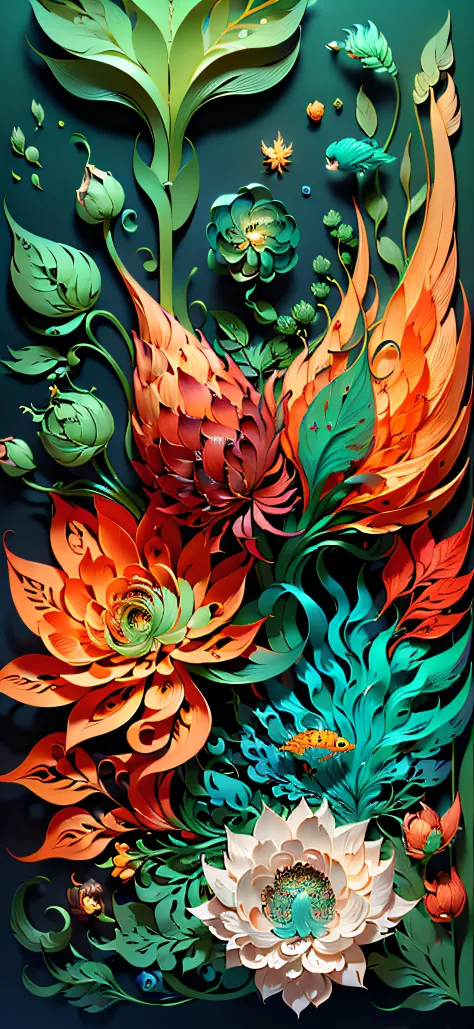 (((masutepiece))), Best Quality, Illustration, Earth, Water, fire, Wind, spaces, paper_cut,, Geometric shapes, Shades of orange and green, carnivorous plant