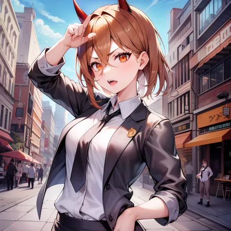 best quality, 1girl, (+_+), orange eyes, small breasts, (evil grin:0.8), (sharp teeth:0.9), white collared shirt, pointing, blac...