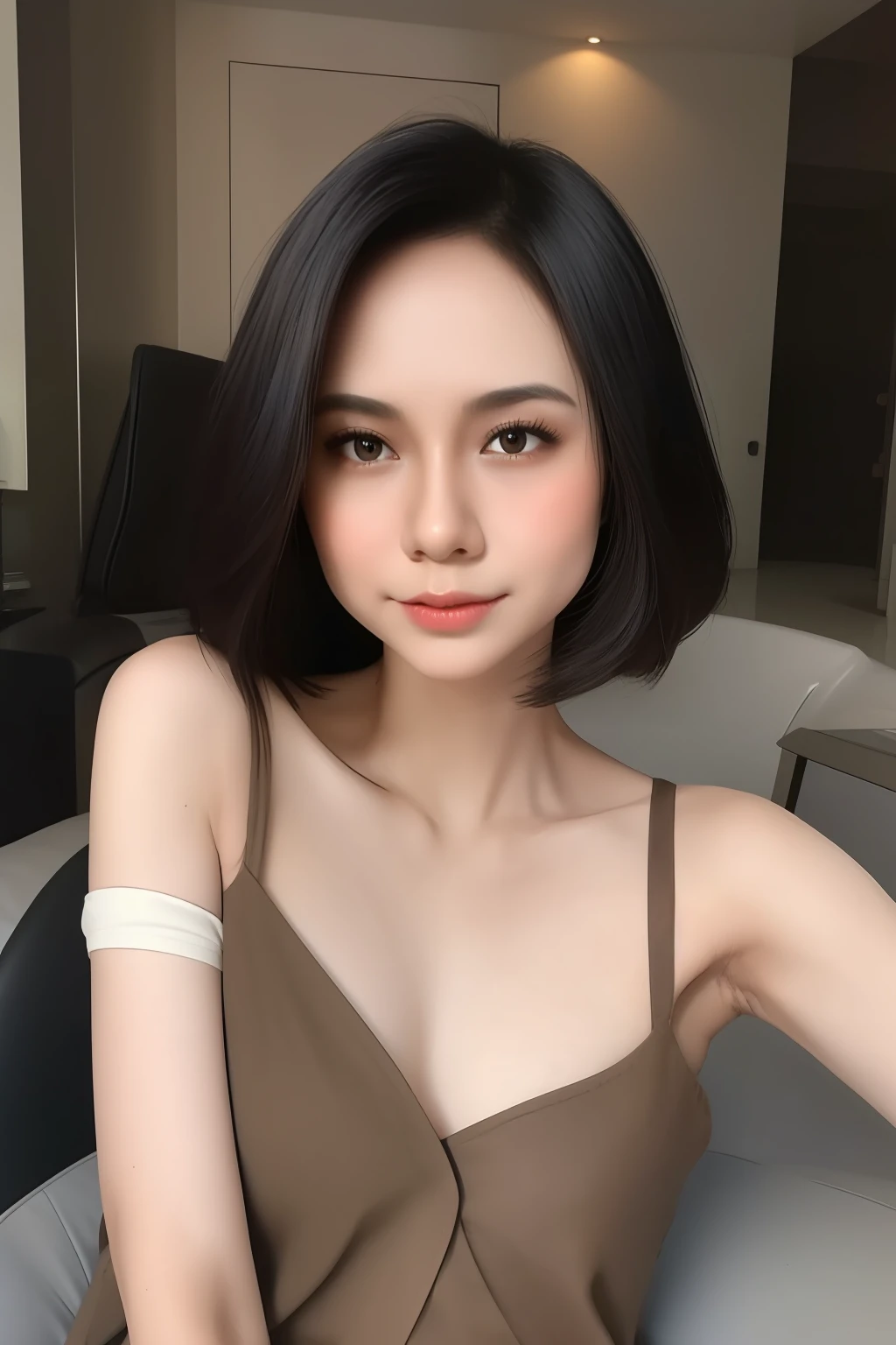 best quality, masterpiece,  (realistic:1.2), 1 girl, black short hair, black hair, short hair, brown eyes, Front, wearing underwear, bra amd panties, bra exposed, bra seen, detailed face, beautiful eyes, malay, malaysian, detailed skin, skin texture, smile, shoulder exposed, dark background, high resolution, detailed hair, ((intan Najuwa)), flat chest, small breast, small chest, small tits, dark skin, skinny, (small breast), darker skin, brown skin, ray lighting, cinematic