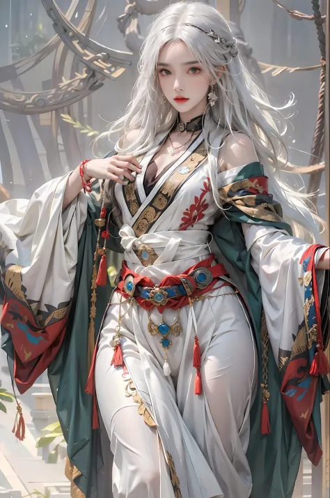 photorealistic, high resolution, 1women, solo, hips up, look at viewer, (detailed face), white hair, long hair, Taoist robe,oversized clothes, midjourney portrait, jewelry