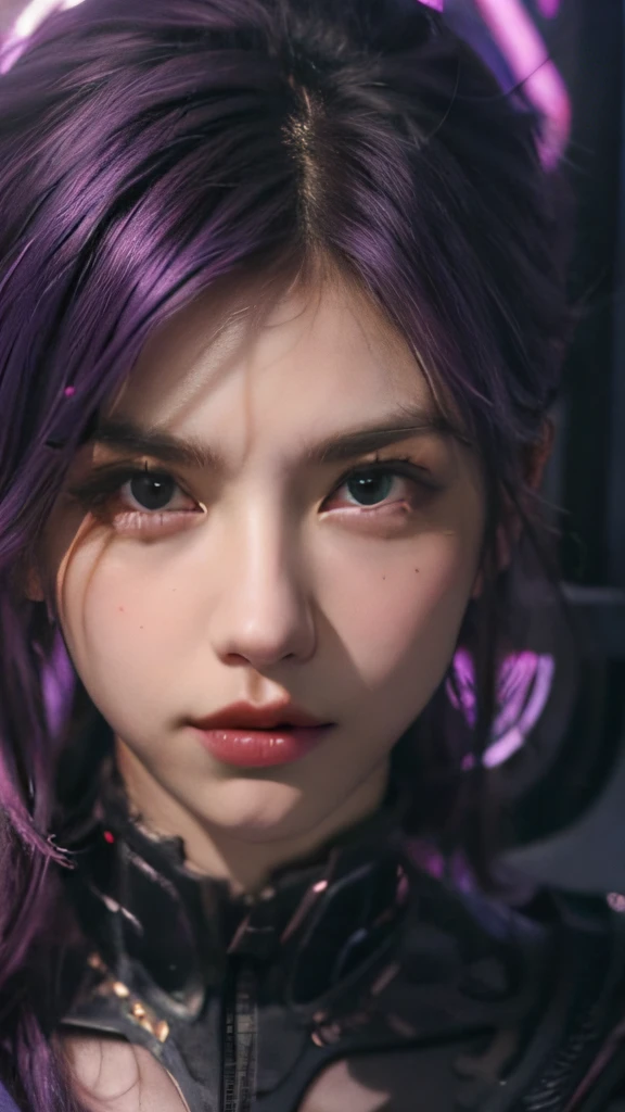 1girl，kai'sa，league of legend，Casa，Purple wings，deep purple hair，Purple eye，serious expressions，intense glare，looking at viewert，，arma，tmasterpiece，the Extremely Detailed CG Unity 8K Wallpapers，best qualtiy，32k，Focus Clear，Cyber City，neonlight，light circles，Void Realm