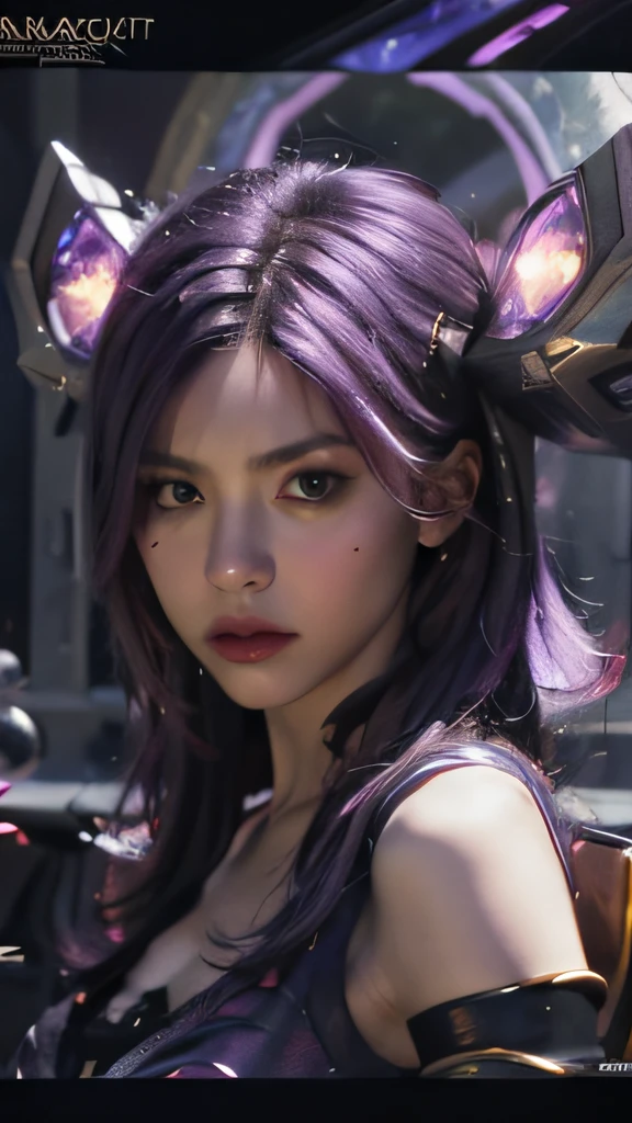 1girl，kai'sa，league of legend，Casa，Purple wings，deep purple hair，Purple eye，serious expressions，intense glare，looking at viewert，，arma，tmasterpiece，the Extremely Detailed CG Unity 8K Wallpapers，best qualtiy，32k，Focus Clear，Cyber City，neonlight，light circles，Void Realm