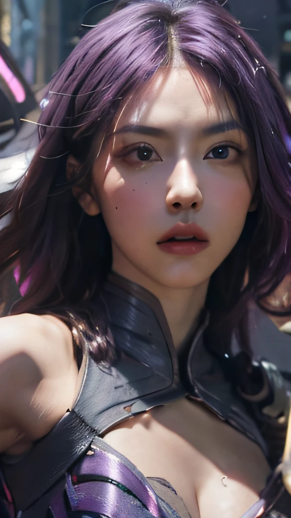 1girl，kai'sa，league of legend，Casa，Purple wings，deep purple hair，Purple eye，serious expressions，intense glare，looking at viewert，，arma，tmasterpiece，the Extremely Detailed CG Unity 8K Wallpapers，best qualtiy，32k，Focus Clear，Cyber City，neonlight，light circles，Void Realm