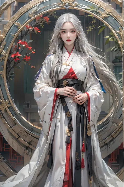 photorealistic, high resolution, 1women, solo, hips up, look at viewer, (detailed face), white hair, long hair, taoist robe,over...